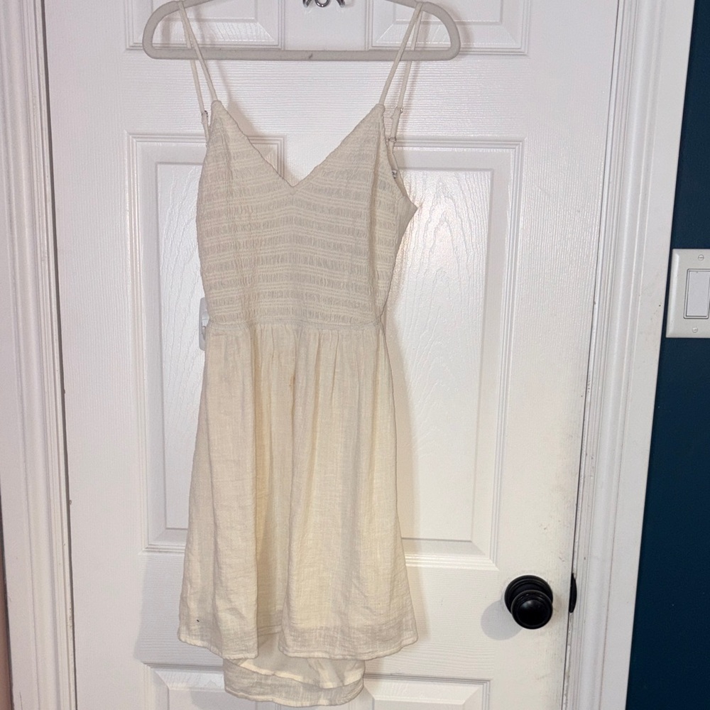 Beige woven Smocked Bodice Mini Dress with Spaghetti Straps